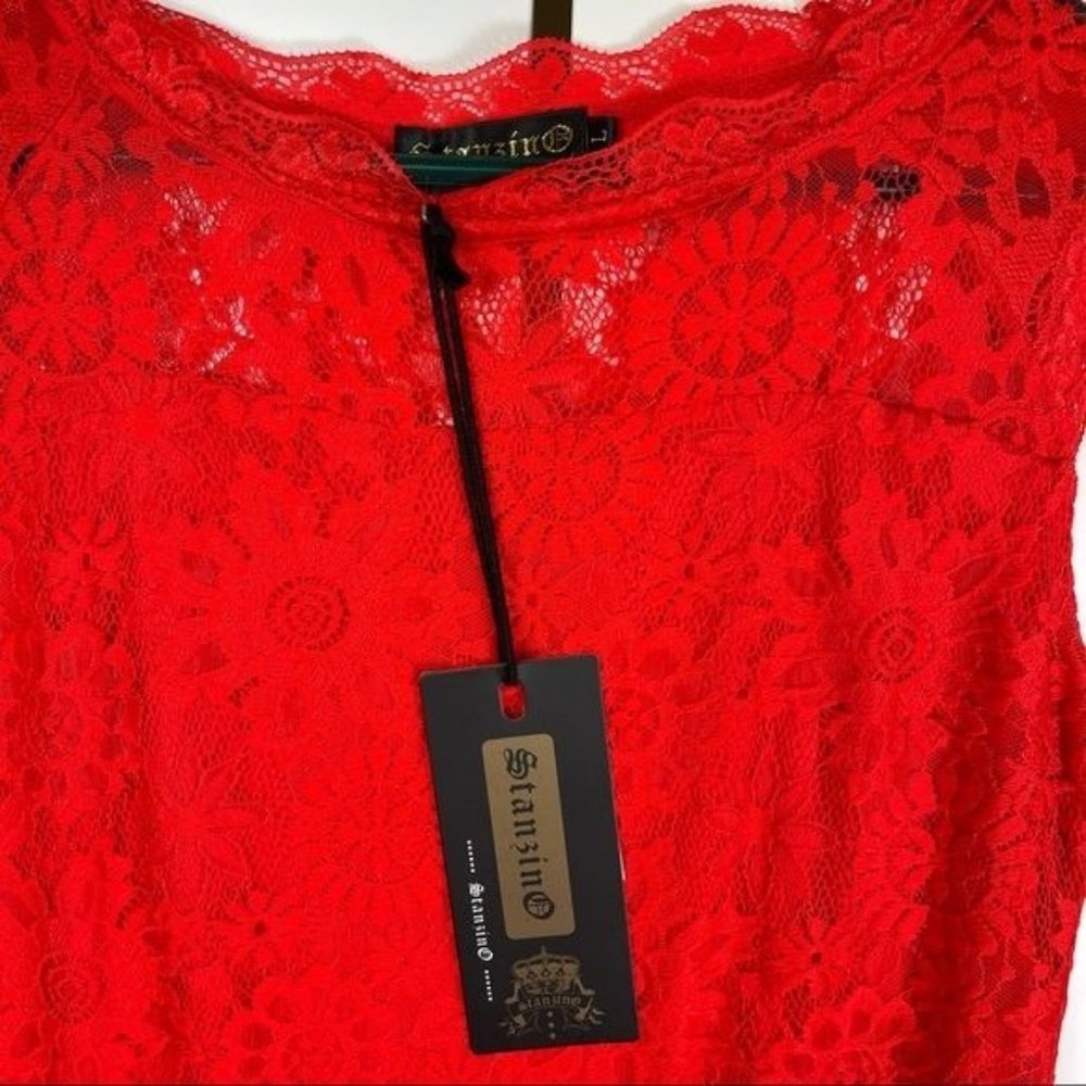 Stanzino Red Floral Lace Cap Sleeve Bodycon Dress Size Large NWT - Picture 4 of 7